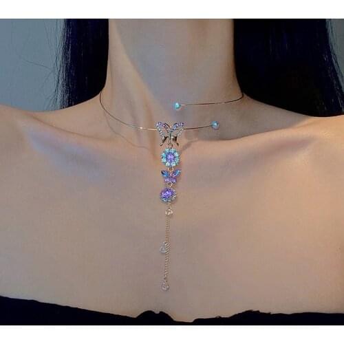 JTCFLY Korean Elegant Metal Round Chain Choker Jewelry For Women Girls Fashion Purple Crystal Butterfly Necklace