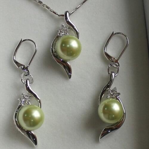 Prett Lovely Womens Wedding ladys beautiful 10mm light green shell pearl pendant & earrings jewelry sets best gift