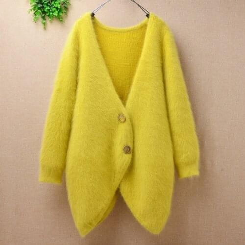 Hot selling women ladies British yellow dovetail V-neck knitted angora rabbit fur sweater coat cardigan Slim winter outwear
