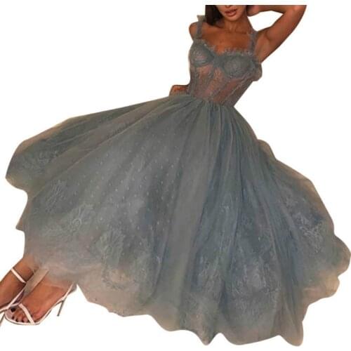 New Dress Women Party Dress Sexy Backless Solid Blue Color Sleeveless Lace Spaghetti Strap See-through Long Full Dress