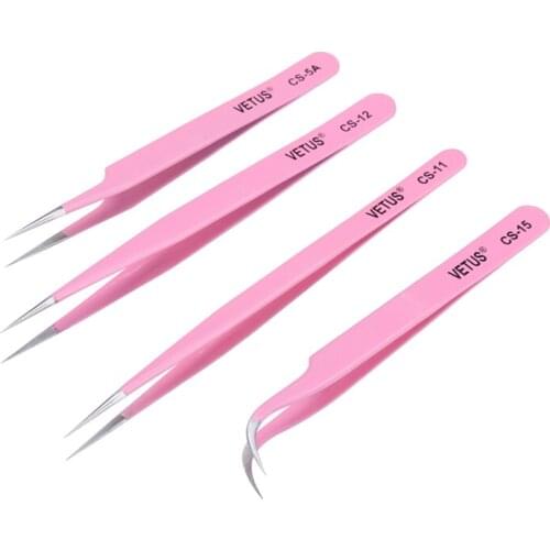 5 PCS Stainless Steel VETUS CS Tweezers Pink Colors Precision Tweezers Anti-static Eyelash Extension Forceps Repair Aid Tools