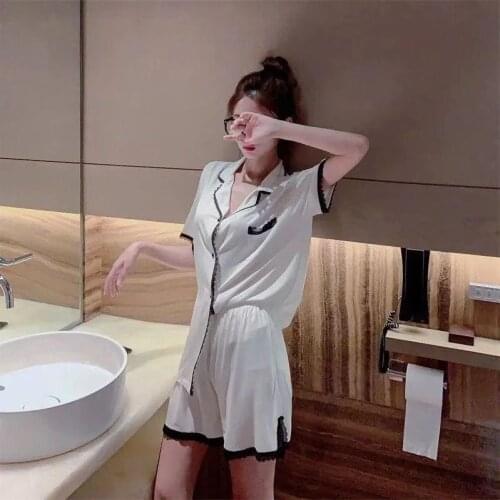 Summer New Short Sleeve Shorts Womens Pajamas Set Solid Loose Lace 2Pcs Suit Home Wear Sleepwear Turn-down Collar Nightwear