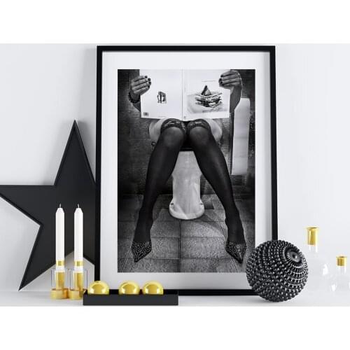 Read The Newspaper On The Toilet Poster Black White Women Photography Canvas Painting Wall Art Pictures For Living Room