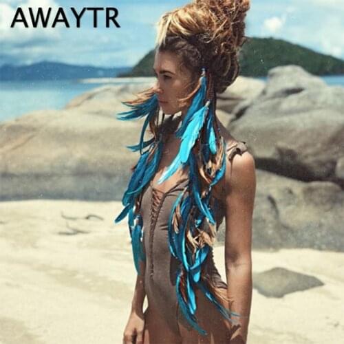 AWAYTR Fashion Boho Style Feather Headband Hairpiece Beads Feather Headdress Handmade Girls Hair Accessories High Quality