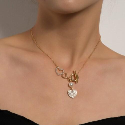 Simple Elegant Rhinestone Hollow Love Heart Pearl Pendant Necklace Women Fashion Geometric Clavicle Necklace Colar Jewelry Gift