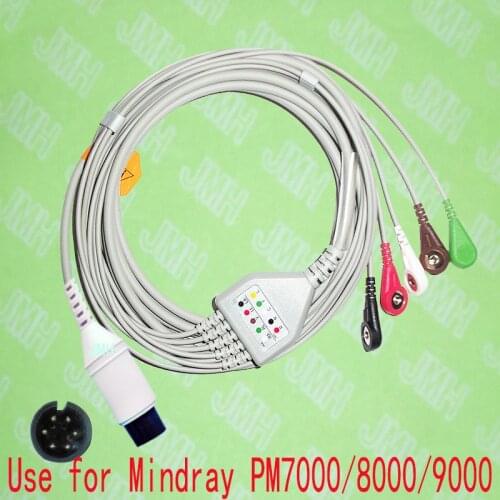 Compatible 6pin Mindray PM9000, PM8000,PM7000 and Goldway ECG Machine the one-piece 5 lead cable and snap leadwire,IEC or AHA