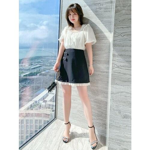 Contrast color agaric lace with diamond bow high waist A-Line Half skirt womens new summer style