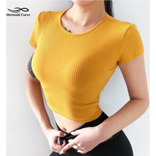 Mermaid Curve Summer New Short Sleeve Sports T-shirt Womens 100% Cotton Tight Yoga Top Training Running Fitness T Shirts