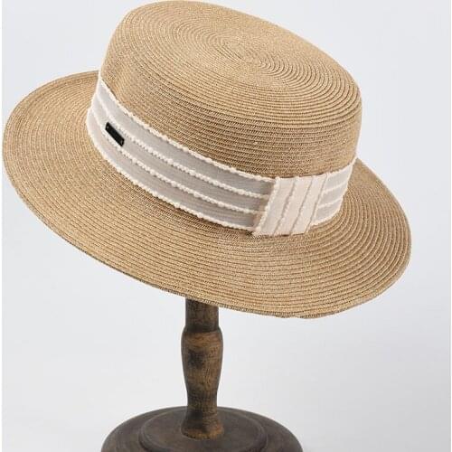 2021 New Womens Hat Ribbon Straw Sun Hat Breathable Large Brim Beach Summer Boater Beach Ribbon Round Flat Top Hat For Women