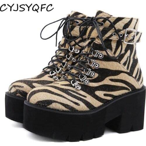 CYJSYQFC Autumn Winter Zebra Pattern Women Ankle Boots Lace Up Square Heels Platform Short Boots Sexy Leopard Stripe Lady Boots