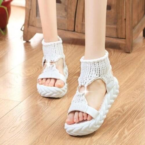 Women Knitting Wrap Ankle Sandals Ladies 5 cm Platform Flat Heel Sandals Slip-on 2020 Summer Female Fashion Shoes Gray 34-41