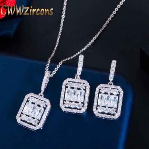 CWWZircons Fashion Brand Shiny Cubic Zirconia Women Engagement Party Jewelry Square Cut CZ Pendant Necklace and Earring Set T471
