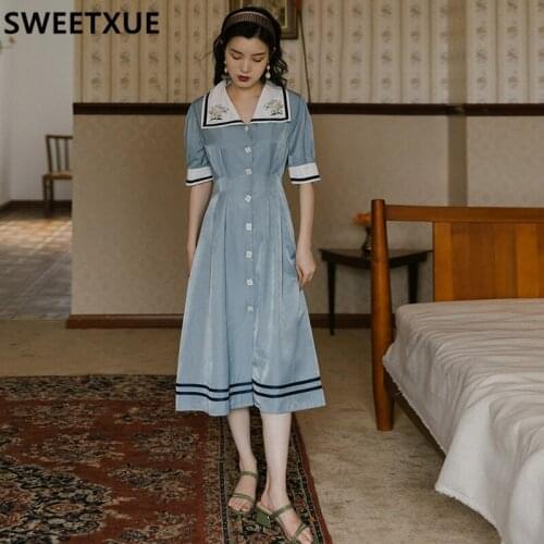 SWEETXUE 2021 Womens Vintage Retro Puff Sleeve Single Breasted Elegant Females Summer Casual Korean Chic Vestidos Robe Mujer