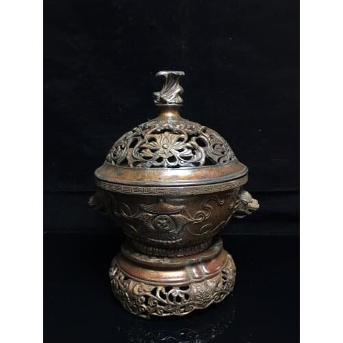 10" Tibet Buddhism Old Bronze Cinnabars Lion head statue Three-legged incense burner Three layers worship incense burner