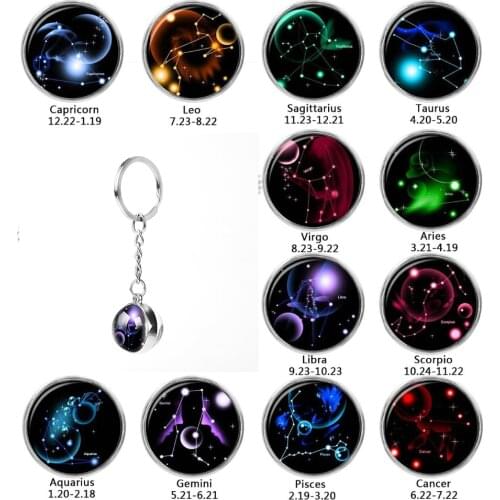 12 Zodiac Signs Double Side Glass Ball Keychain Metal Key Chain Holder Couples Keychain Gifts Constellation Jewelry Accessories