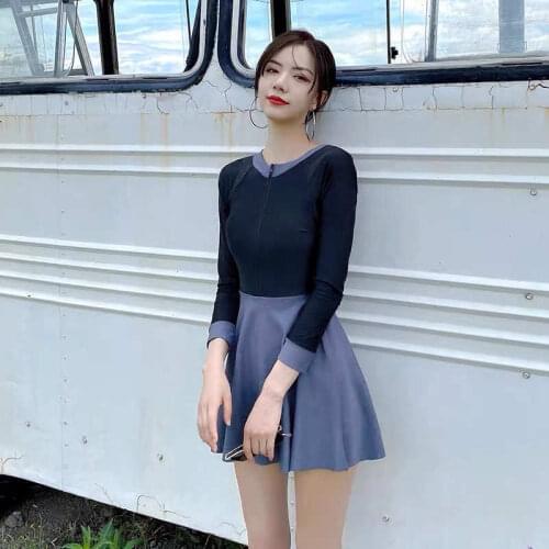 2021 New Swimsuit Female Zippe Conservative Slim Skirt-Style One-Piece Long-Sleeved Zipper Sports Hot Spring Korean Swimwear