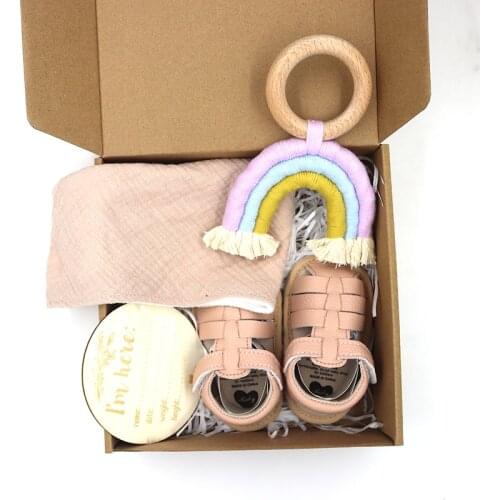 4 PCS PU Leather Baby Sandals Wooden Milestone 100% Cotton Saliva Towel Wooden Ring Rainbow Teether Newborn Set Gift