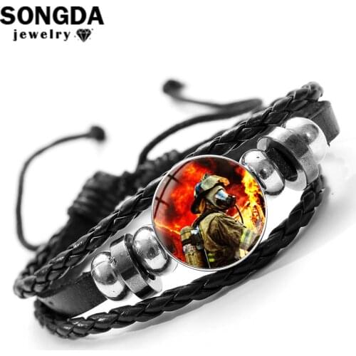 SONGDA Firefighter Profession Firemen Bracelet Career Gift Fire Dept Pattern Glass Dome Snap Button Adjustable Leather Bracelet
