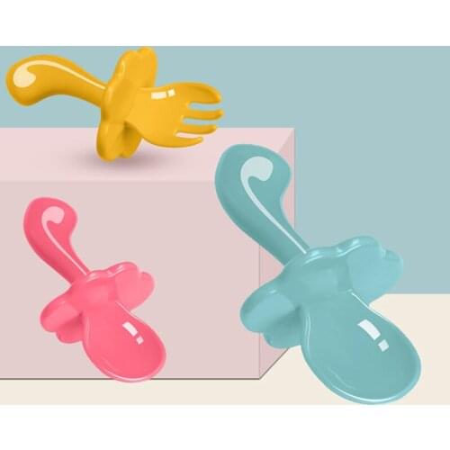 2Pcs/Pack Short Handle Spoon+ Fork Set Solid Color Baby Training Spoon Safety PP Children Tableware Baby Fork Dishware Cute