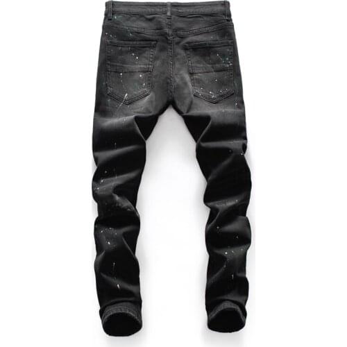 Streetwear Men Jeans Black Color Paint Fashion Designer Ripped Jeans Men Punk Pants Elastic Slim Fit Brand Hip Hop Jeans Homme
