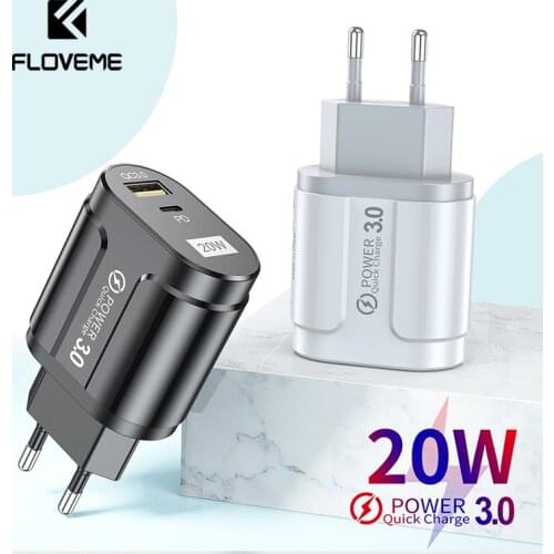 FLOVEME USB Charger PD 20W 3A Quick Charge 3.0 EU US Plug Wall USB Fast Charger For iPhone Samsung Xiaomi Mobile Phone Charger