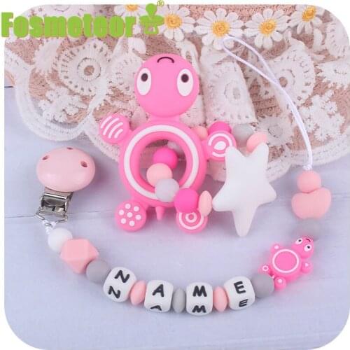 Fosmeteor 1set Cartoon Mini Tortoise Custom Personalise Baby Name Pacifier Clips Chain Teething BPA Free Silicone Abacus