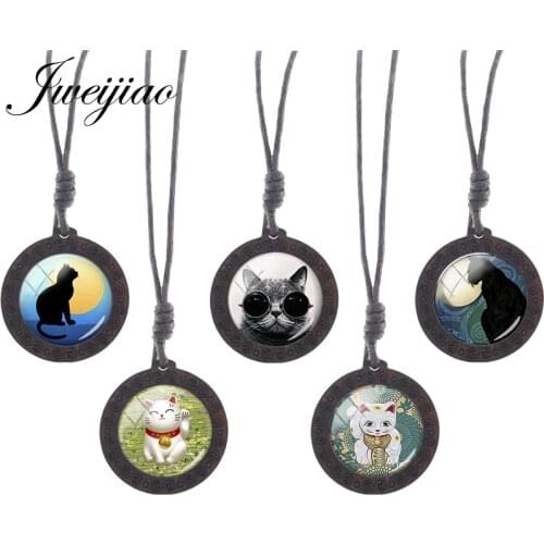 JWEIJIAO Moon Fortune Cat Picture Necklaces Rope Chains Wooden Pendant Fashion Women Jewelry Handmade Cute Animal Gifts C697