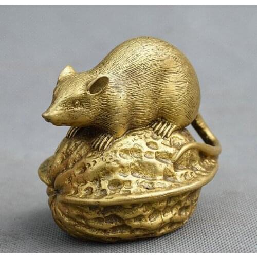 Chinese Feng shui Pure Copper Brass Lucky Zodiac Animal Mouse On walnut Statue