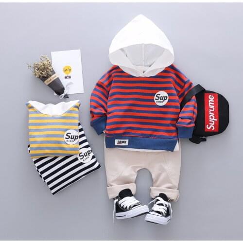 Baby Boy Clothing 2 Pieces Set Fashion Clothes Striped Patchwork Hoodies Long Sleeve Sweater Tops+trousers Baby Boy Outfit 0-24M