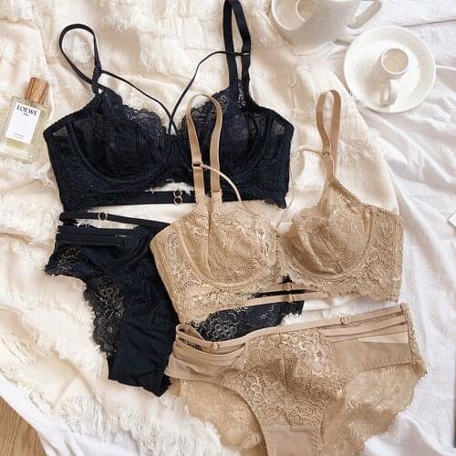 Honviey Sexy lingerie set plus size with steel ring ultra thin hollow out luxury gathered spongeless women bra and panties set