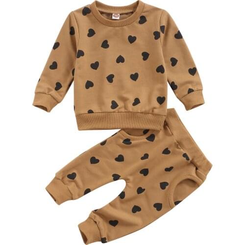 2021 0-3Y Casual Kid Baby Girl Clothes Set Heats Print Round Neck Long Sleeve Brown Sweatshirt+Harem Pants Autumn Tracksuit 2pcs