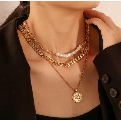 Fashion Alloy Thick Choker for Women Coin Pendant Necklace Multilayer Pearl Gold Clavicle Chain Jewelry Gifts