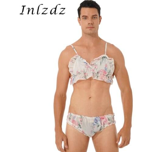 Mens Sexy Nightwear Lingerie Sissy Crossdresser Costume Set Printing Ruffled Adjustable Straps Bra Tops with Briefs Underwear