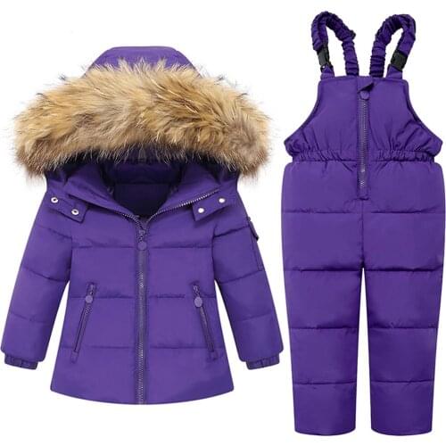 2021 New Children Clothing Set Down Jacket Winter Russian Winter Solid Big Fur Warm Child Girl Ski Suit Boys toddler Jumpsuit