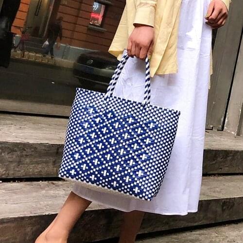 NEW Summer Beach Basket Bag Capacity Heavy Duty Handmade Woven Pp Plastic Handbag Plaid Checks Teacher Tote Shopping Bag