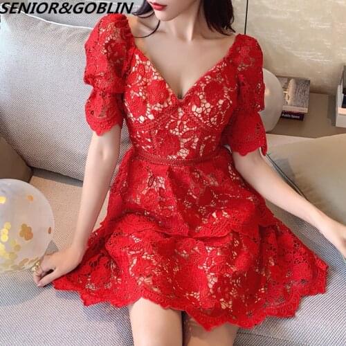 2020 New Arrive High Quality Red And White Dress Women Sexy Short Sleeve Lace Party Dresses