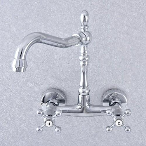 Polished Chrome Wall Mounted Basin Faucets Bath Faucets Double Handle Dual Hole Bathroom Sink Washbasin Water Mixer Tap Nsf779