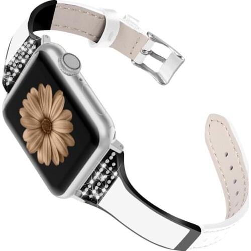 For Apple Watch Band Genuine Leather 44mm 40mm 42mm 38mm iWatch Series 1 2 3 4 5 6 SE Woman Lady Diamond Design Bracelet Belt