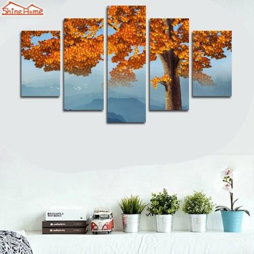 ShineHome-5pcs Canvas Wall Decor Oil Printing Painting Prints on Canvas Maple Tree Living Room TV Background Walls Decoration