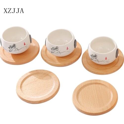 XZJJA 9*9CM Round Tableware Small Wooden Plate Kitchen Dessert Saucer Solid Wood Snack Tray Home Trinket Dishes Cup Cushion