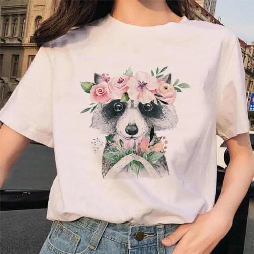 Women Raccoon Cartoon Print Short Sleeve Clothes Ladies Womens T-Shirt Graphic Tops Clothes Female Tumblr T Shirt Femme T-shirts