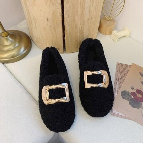 Metal decoration plus velvet peas shoes Autumn winter shoes womens shoes wear flat bottom two wear single shoes women U16-35