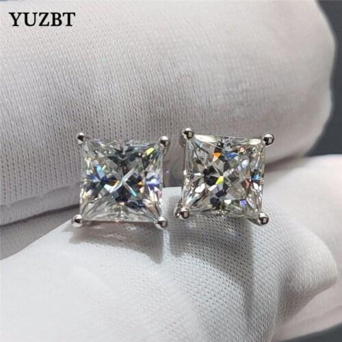 YUZBT Women 925 Silver Total 1-2 ct Brilliant Cut Princess Gemstone Diamond Test Past Square D Color Moissanite Stud Earrings