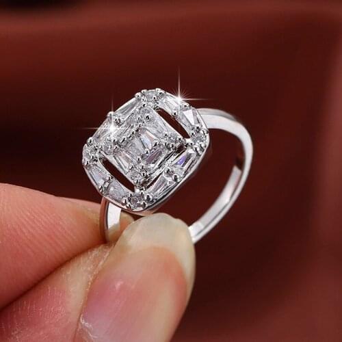 Square Silver Plated Rings With Zircon Women Rings Fashion Glamour Banquet Engagement Rings Birthday Gift For Girlfriend