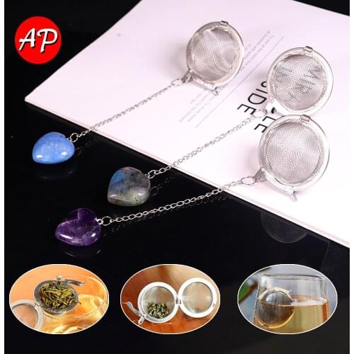 1pc Natural Crystal Stone 304 Stainless Steel Tea Filter Heart Shape Crystal Rose Quartz Healing Reiki Gift Crafts
