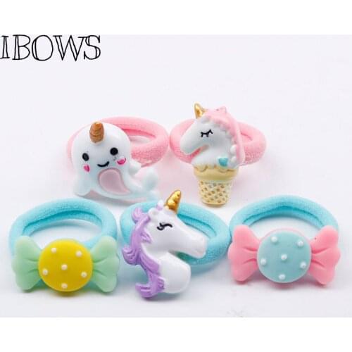 IBOWS 5 Pcs/lot Hair Accessories Elastic Hair Bands For Girls Unicorn Crown Stars Scrunchie Kids Hair Rope Decoration For Party