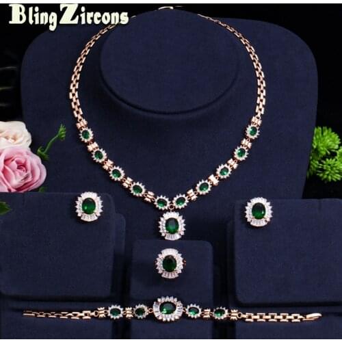 BeaQueen Dubai Design Gold Color Oval Green Cubic Zirconia Stones African Nigerian 4 Pieces Women Wedding Jewelry Sets JS171