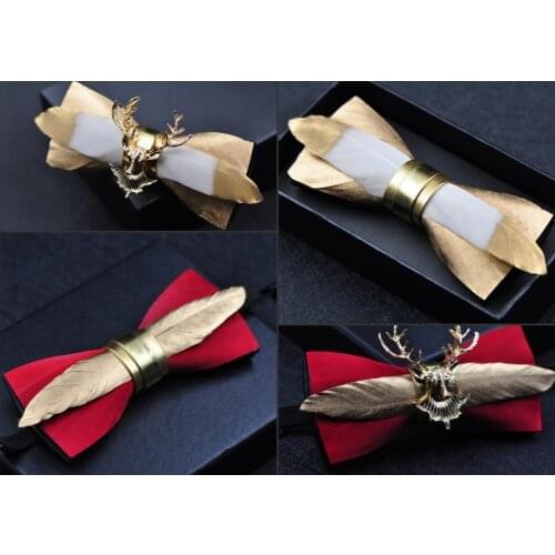 Free Shipping new mens male fashion casual Gold Feather Striped Leather Bow Golden Deer Head Bow Tie Male Groom Marriage