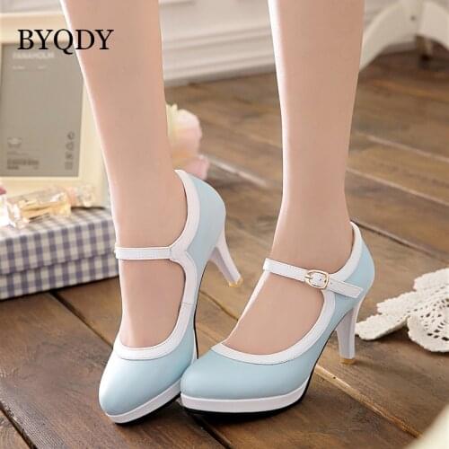 BYQDY Lolita Women Wedding Shoes High Heels Blue Japanese Mary Janes Shoes Sweet Heels Buckle Strap Dress USA Shoe Plus Size 43