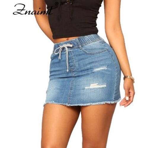 Znaiml Denim Package Hip Mini skirts Womens Elastic Waist Lace Up Ripped Jean Skirt Ladies Sexy Clothing Female Night Club Wear
